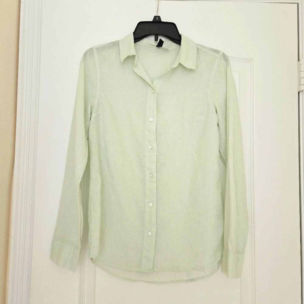 H&M Divided womens XXS Button Up Sheer Shirt Light Green White Vertical Stripe